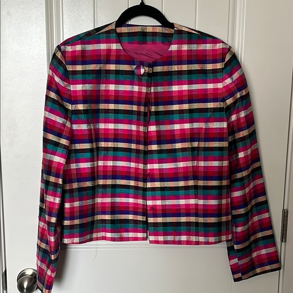 Doncaster Silk Pink and Green Blazer Cropped Plaid Jacket - Picture 1 of 8